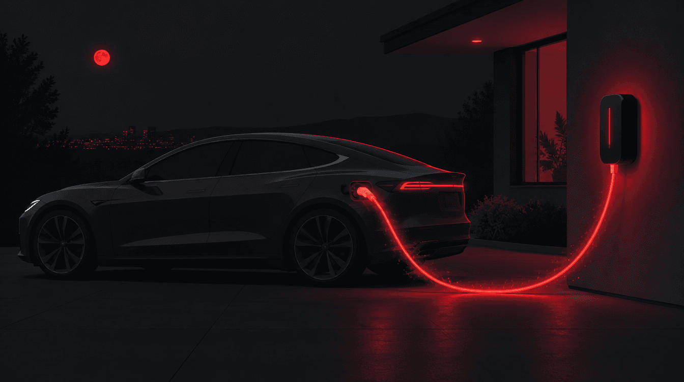 Tesla charging at a home wall charger at night, illustrating home charging costs