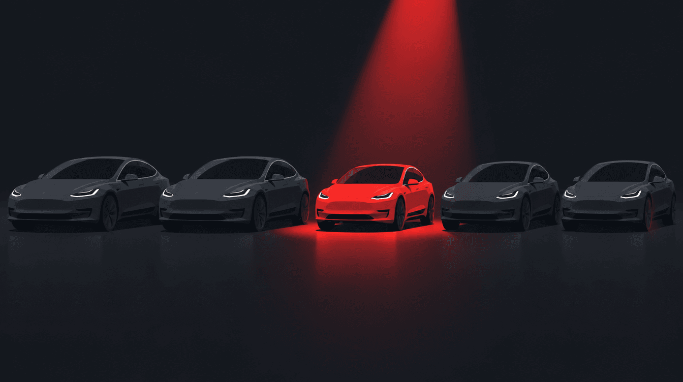 A lineup of Teslas with the cheapest one highlighted, illustrating the best Tesla deal