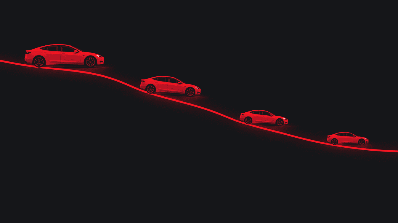 Declining value curve with car silhouettes, illustrating Tesla depreciation over time